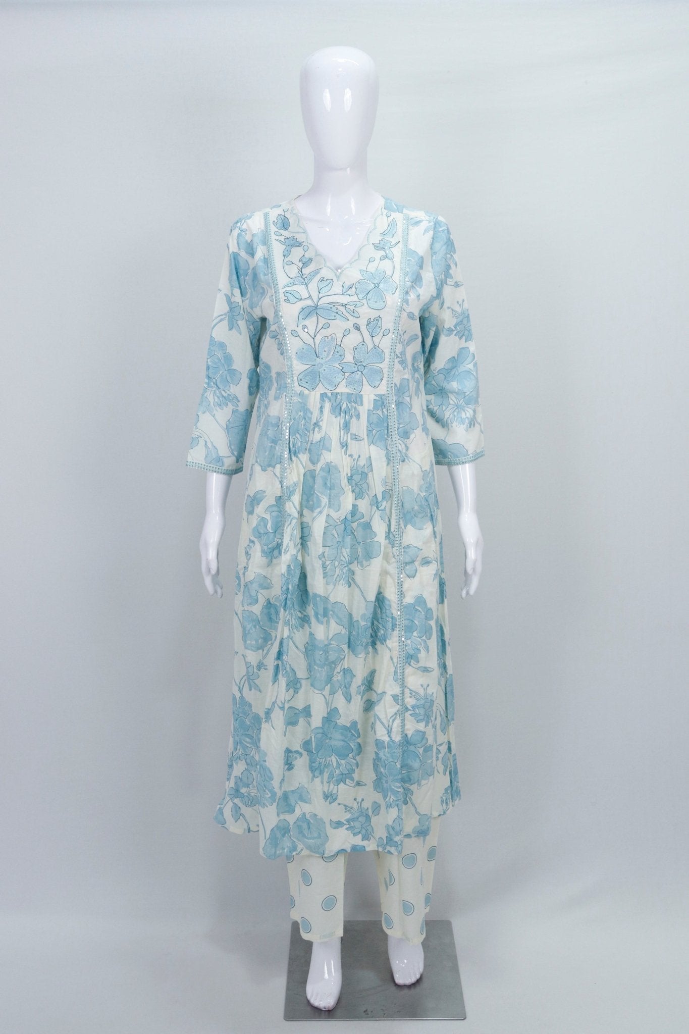 Sky Blue and White Floral Printed Cotton Salwar Suit with Dupatta - Mangaldeep NX