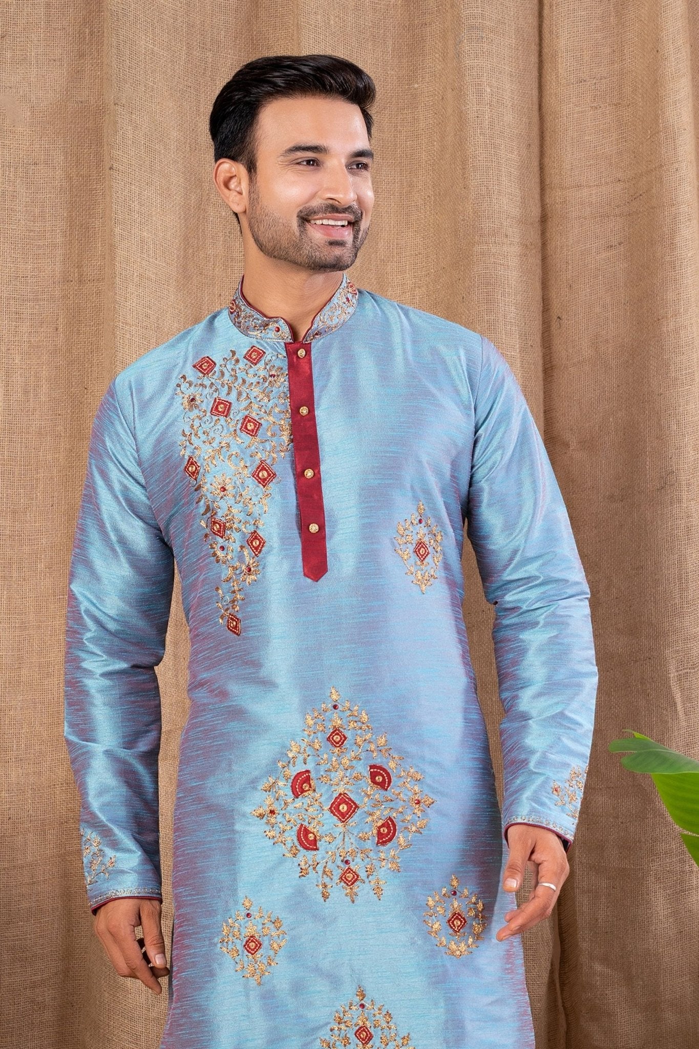 Sky Blue Embroidered Art Silk Kurta for Men with Maroon Pyjama - Mangaldeep NX