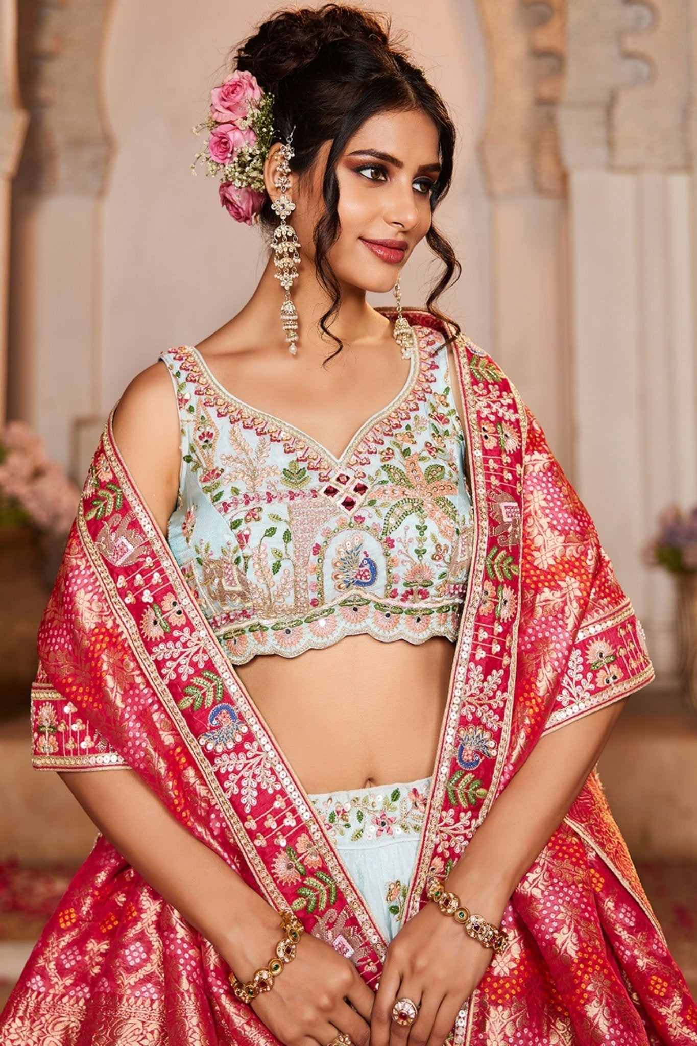 Sky Blue Embroidered Bridal Lehenga Choli with Zari and Red Banarasi Dupatta - Mangaldeep NX