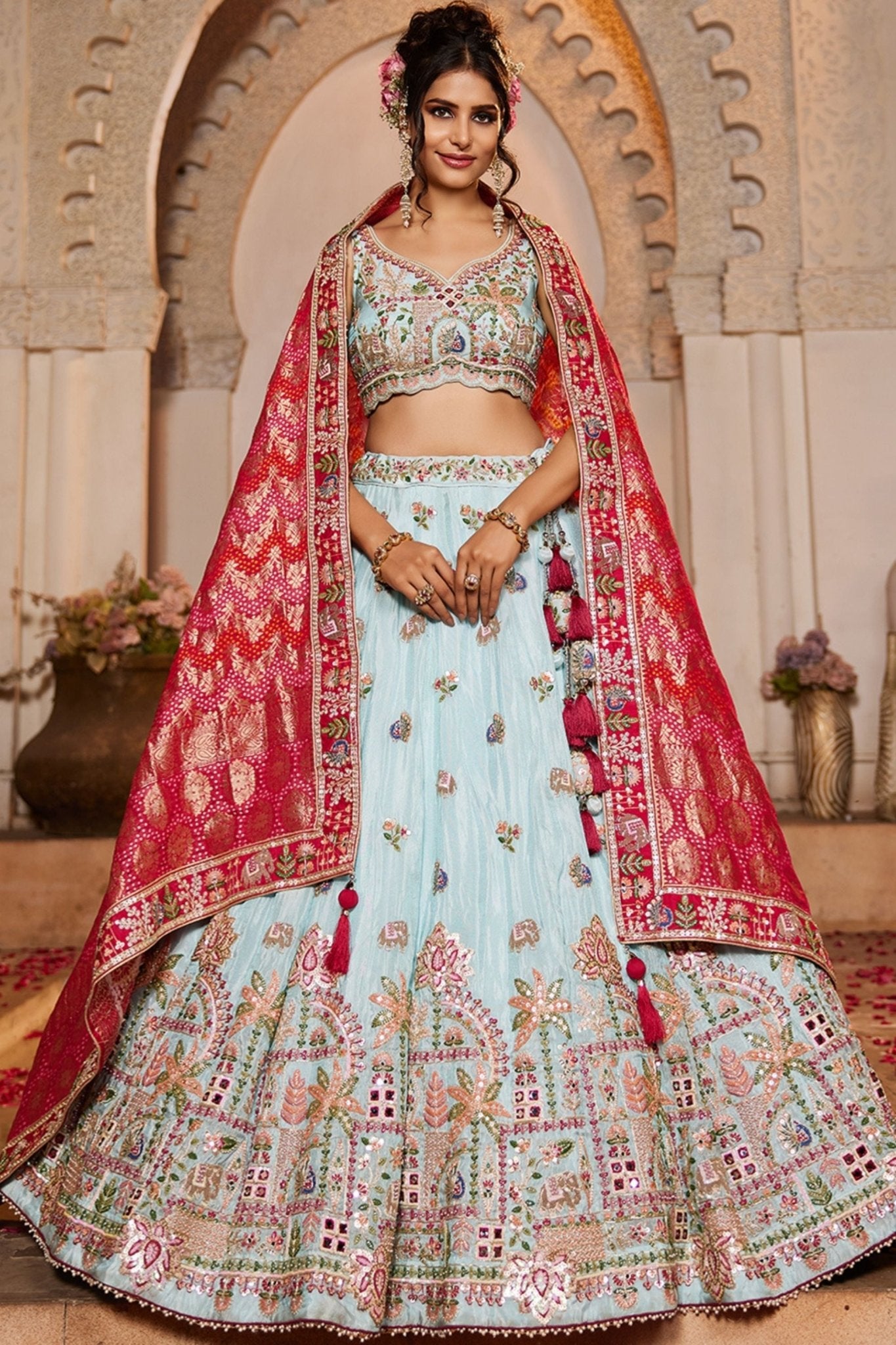 Sky Blue Embroidered Bridal Lehenga Choli with Zari and Red Banarasi Dupatta - Mangaldeep NX