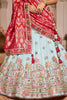 Sky Blue Embroidered Bridal Lehenga Choli with Zari and Red Banarasi Dupatta - Mangaldeep NX
