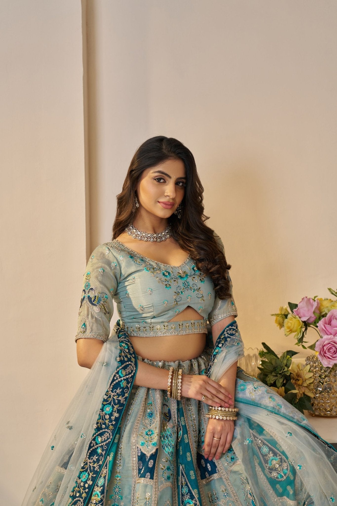Sky Blue Embroidered Lehenga Choli with Elephant Motifs and Sequin Work Dupatta - Mangaldeep NX