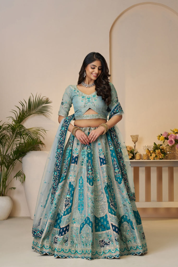 Sky Blue Embroidered Lehenga Choli with Elephant Motifs and Sequin Work Dupatta - Mangaldeep NX