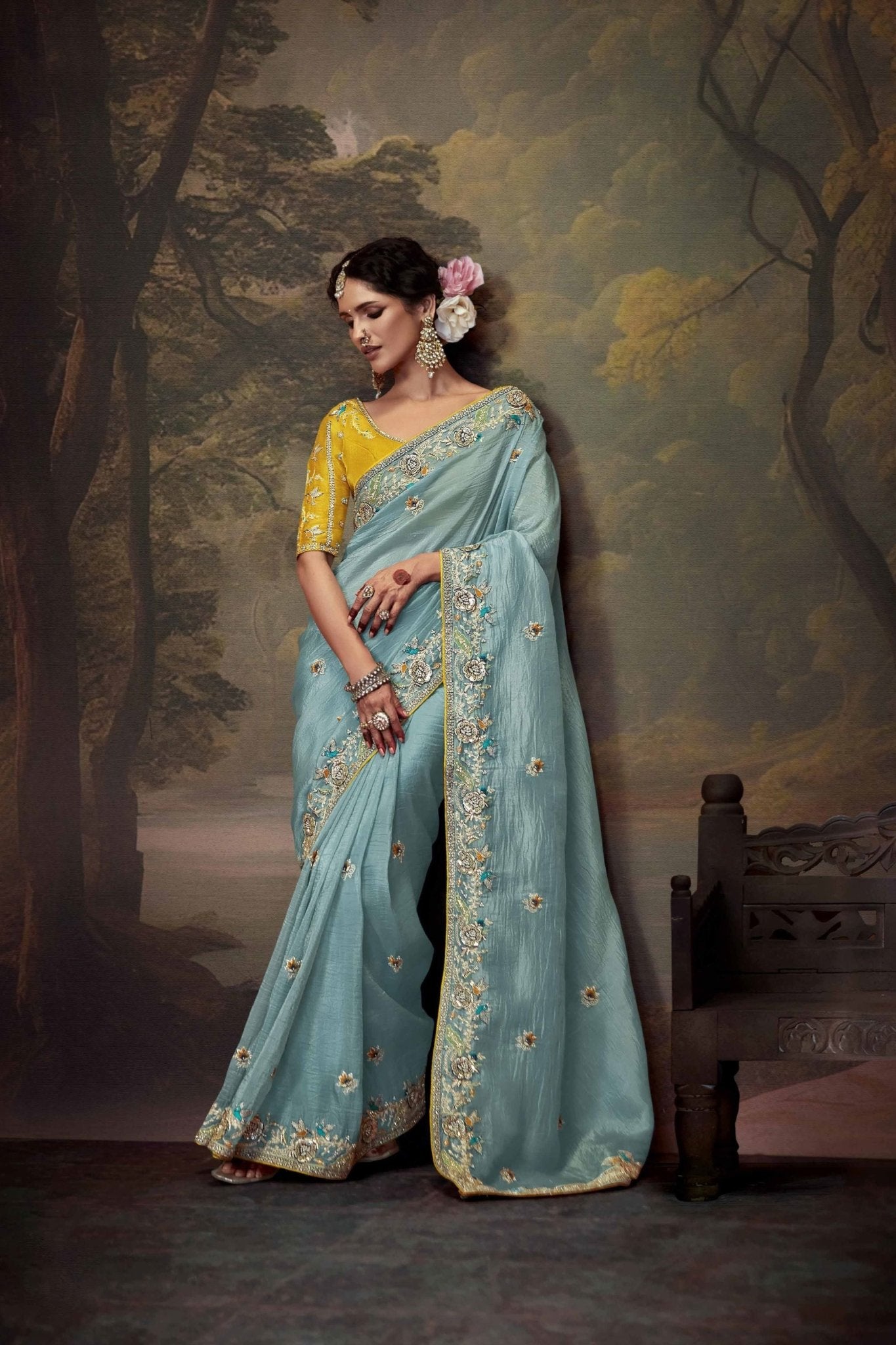 Sky Blue Embroidered Silk Saree with Stone Work and Yellow Blouse