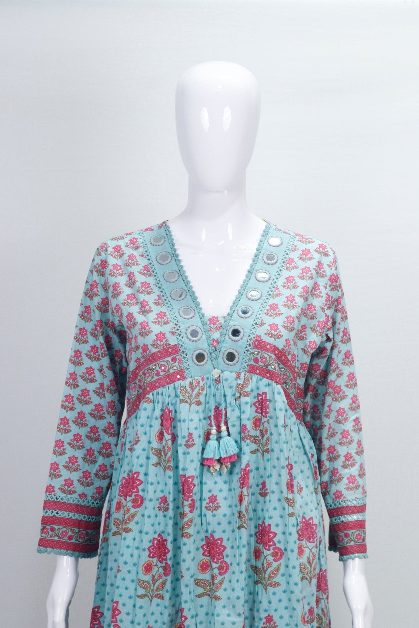 Sky Blue Floral Printed Cotton Anarkali Salwar Suit with Dupatta - Mangaldeep NX