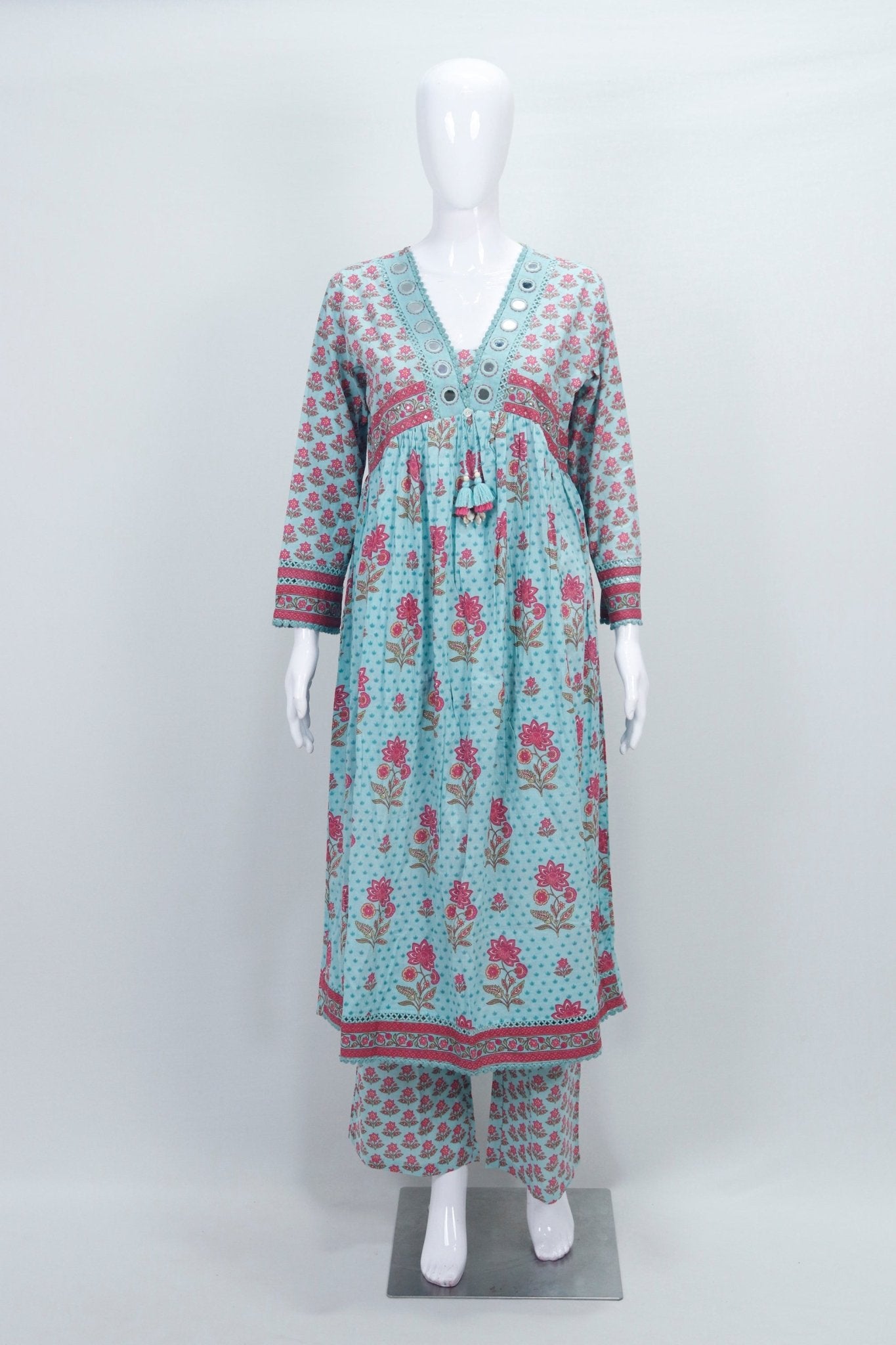 Sky Blue Floral Printed Cotton Anarkali Salwar Suit with Dupatta - Mangaldeep NX