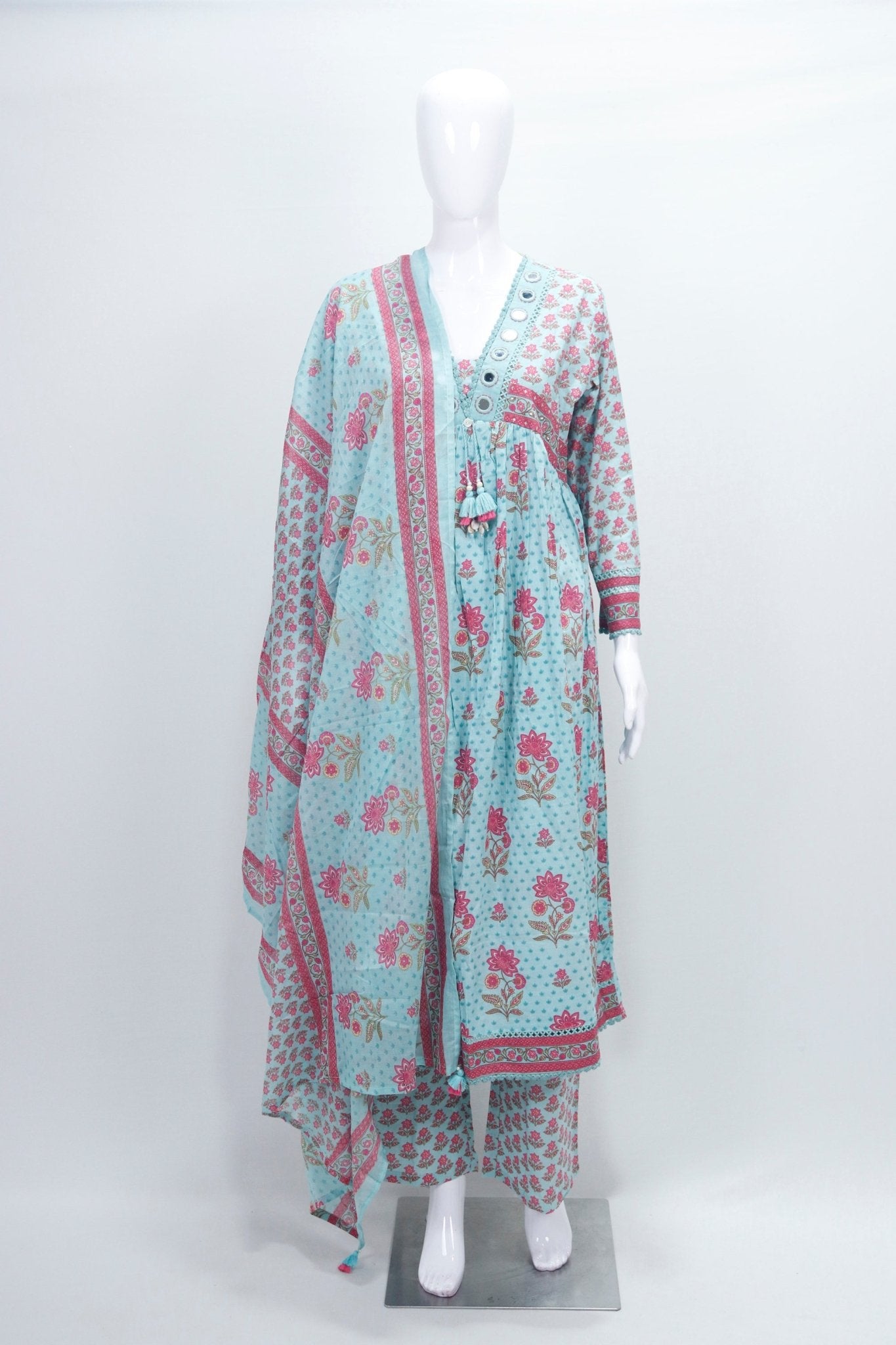 Sky Blue Floral Printed Cotton Anarkali Salwar Suit with Dupatta - Mangaldeep NX