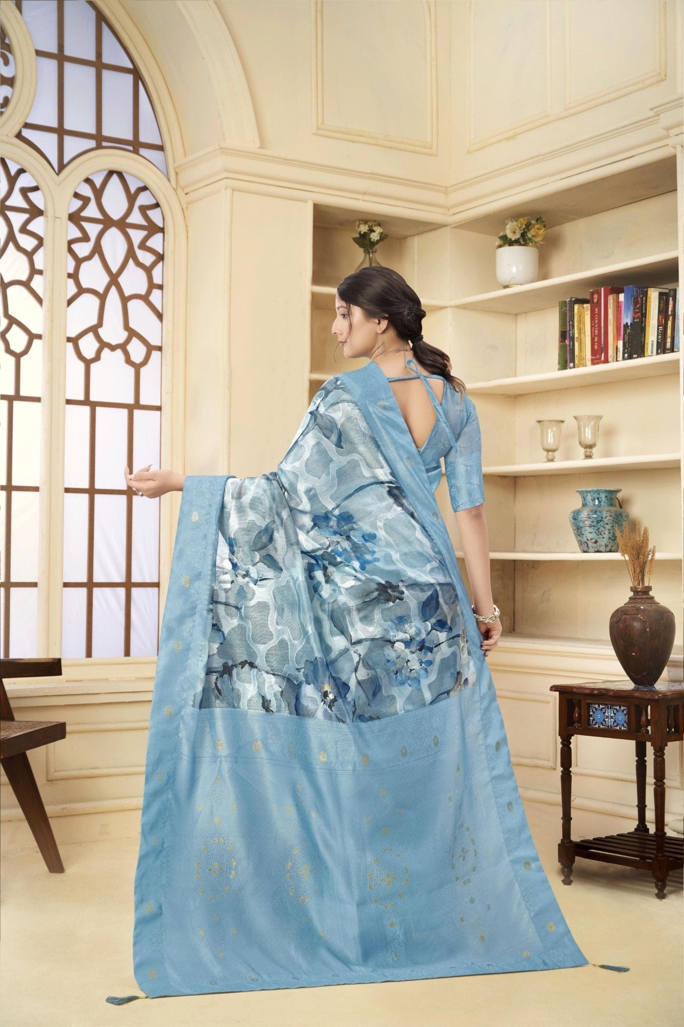 Sky Blue Floral Printed Linen Silk Saree with Zari Highlights and Matching Blouse - Mangaldeep NX