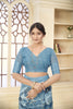 Sky Blue Floral Printed Linen Silk Saree with Zari Highlights and Matching Blouse - Mangaldeep NX