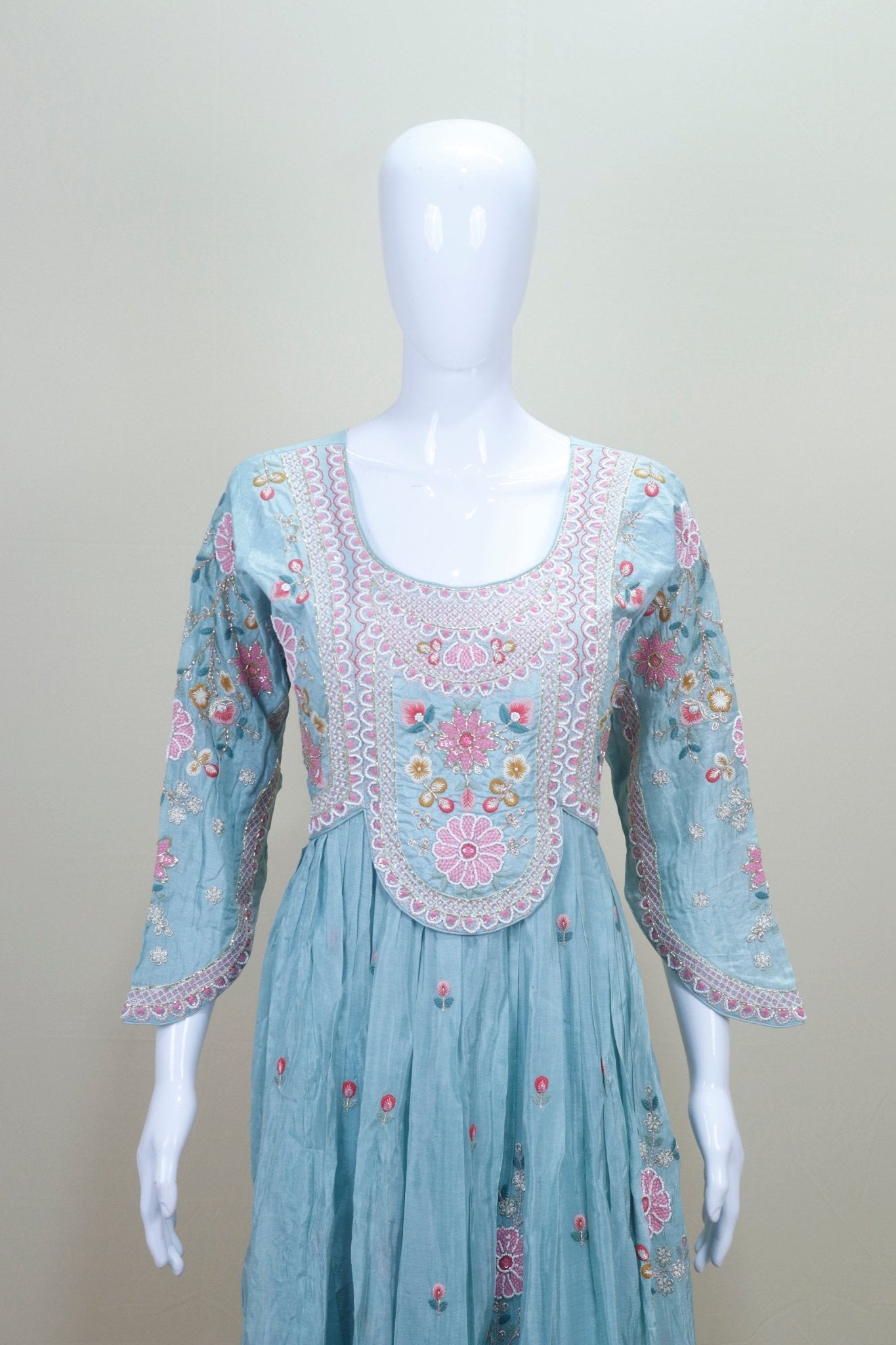 Sky Blue Georgette Anarkali Suit with Multicolor Floral Embroidery Dupatta - Mangaldeep NX