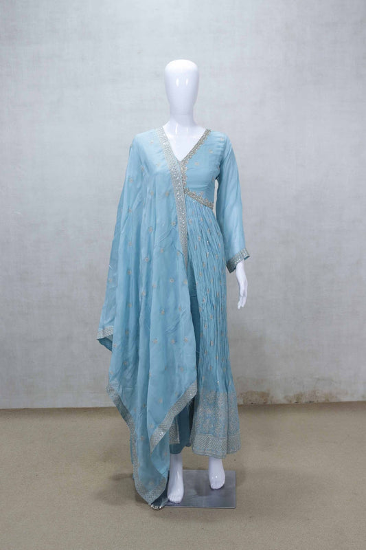 Sky Blue Georgette Anarkali Suitt with Silver Embroidery and Dupatta - Mangaldeep NX