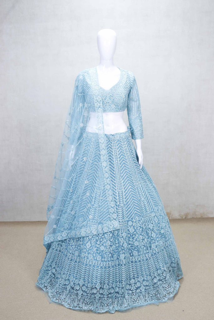 Sky Blue Heavy Embroidered Net Lehenga Choli Set with Matching Dupatta for Women - Mangaldeep NX