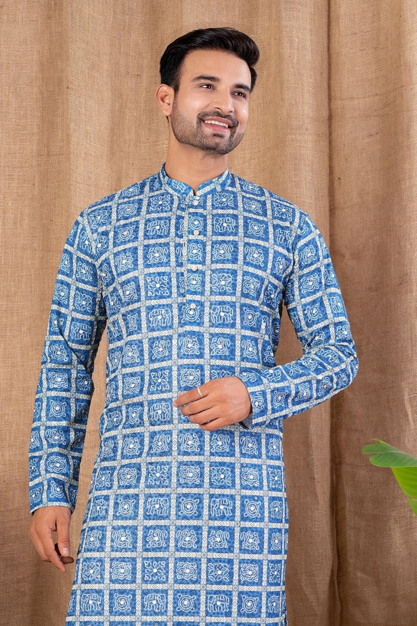Sky Blue Printed Art Silk Kurta for Men with Beige Pyjama - Mangaldeep NX