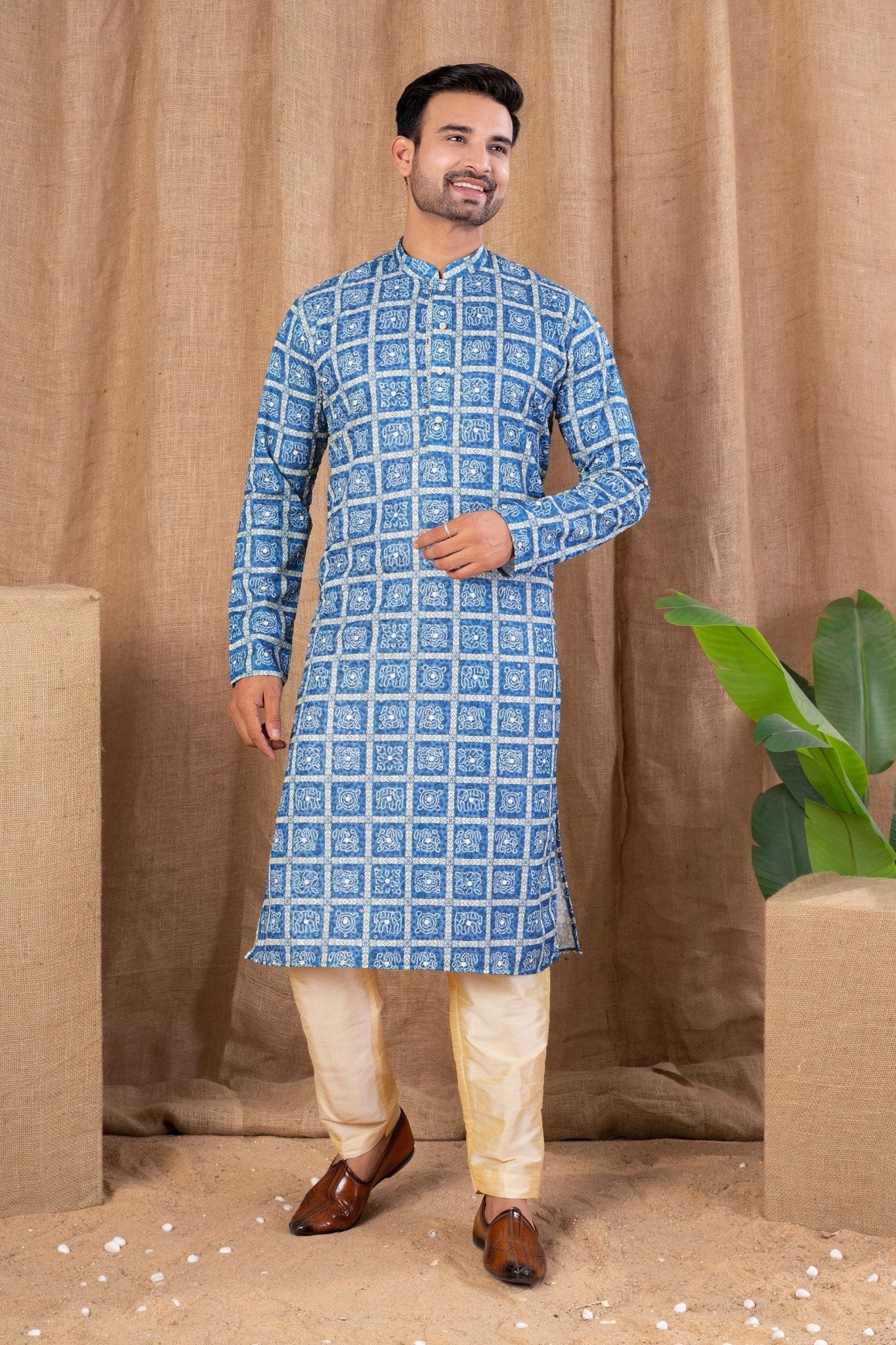 Sky Blue Printed Art Silk Kurta for Men with Beige Pyjama - Mangaldeep NX