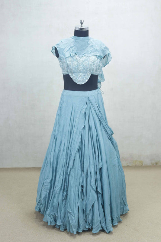 Sky Blue Ruffled Lehenga Choli with Hand Embroidered Yoke - Mangaldeep NX
