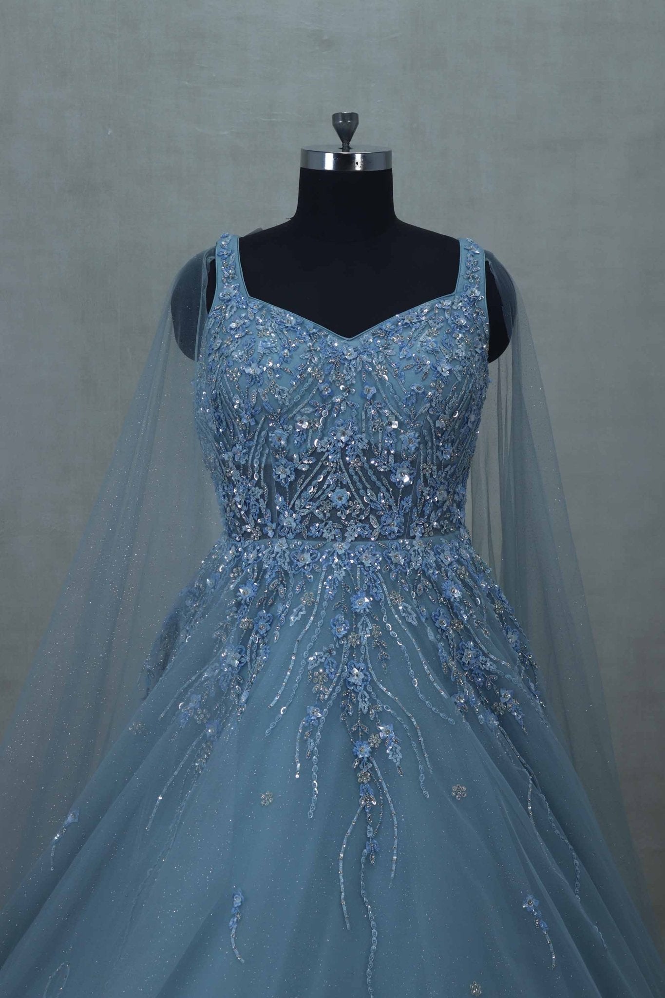 Sky Blue Sleeveless Gown with Sequin Embroidery and Net Cape for Special Occasions - Mangaldeep NX