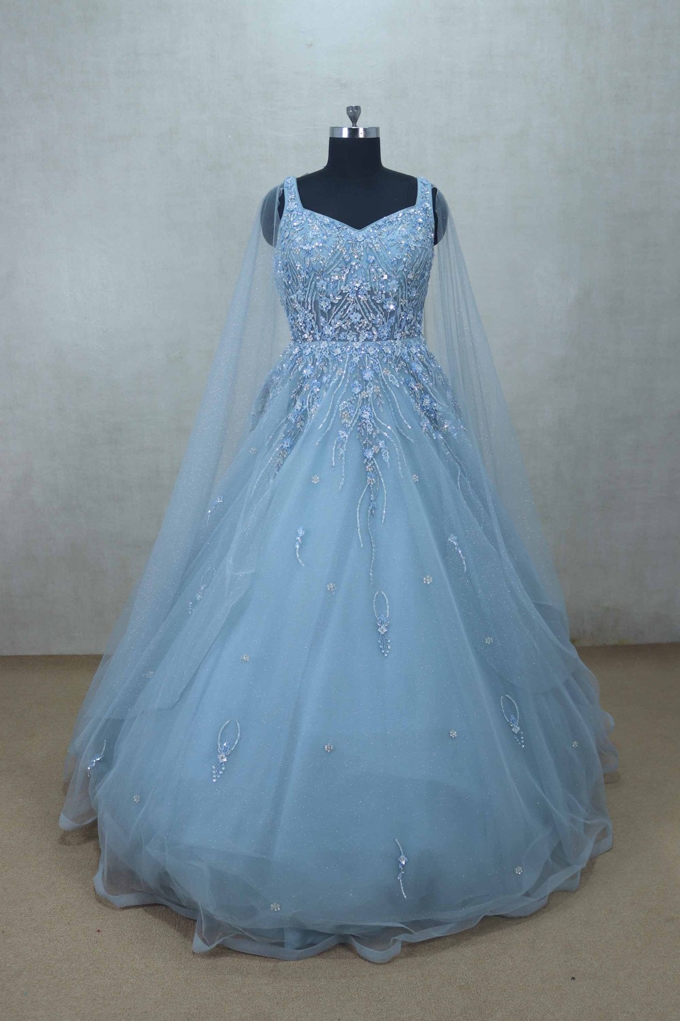 Sky Blue Sleeveless Gown with Sequin Embroidery and Net Cape for Special Occasions - Mangaldeep NX