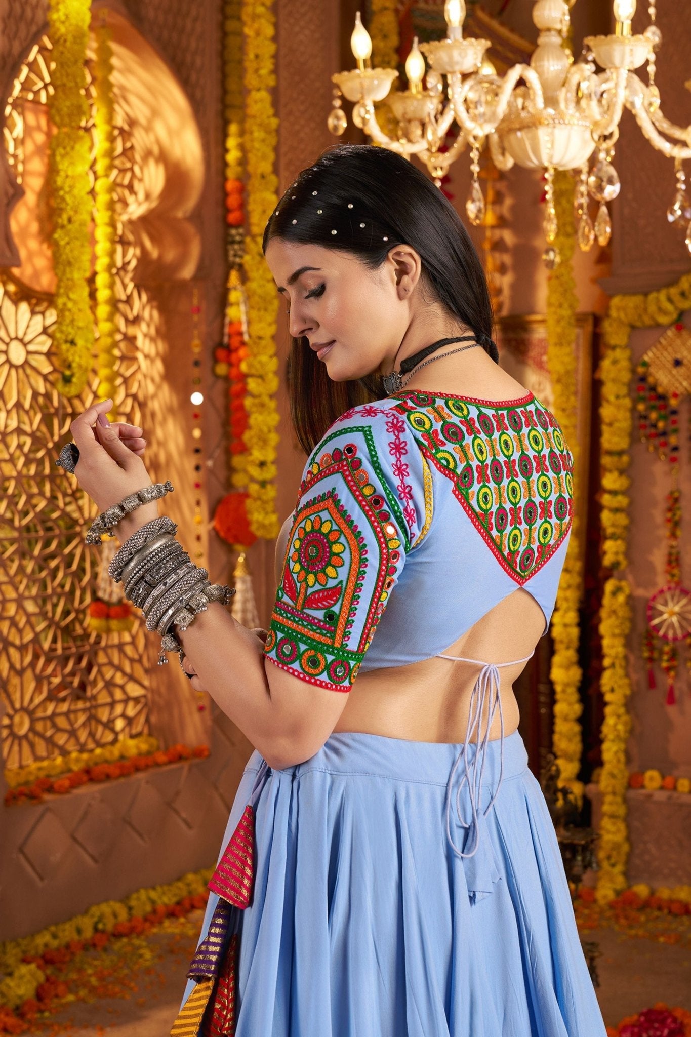 Sky Blue Traditional Garba Lehenga Choli Set with Multicolor Mirror Work for Navratri - Mangaldeep NX