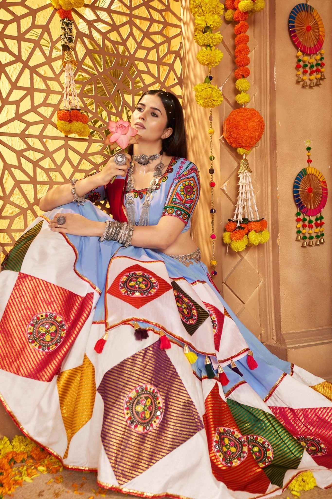 Sky Blue Traditional Garba Lehenga Choli Set with Multicolor Mirror Work for Navratri - Mangaldeep NX