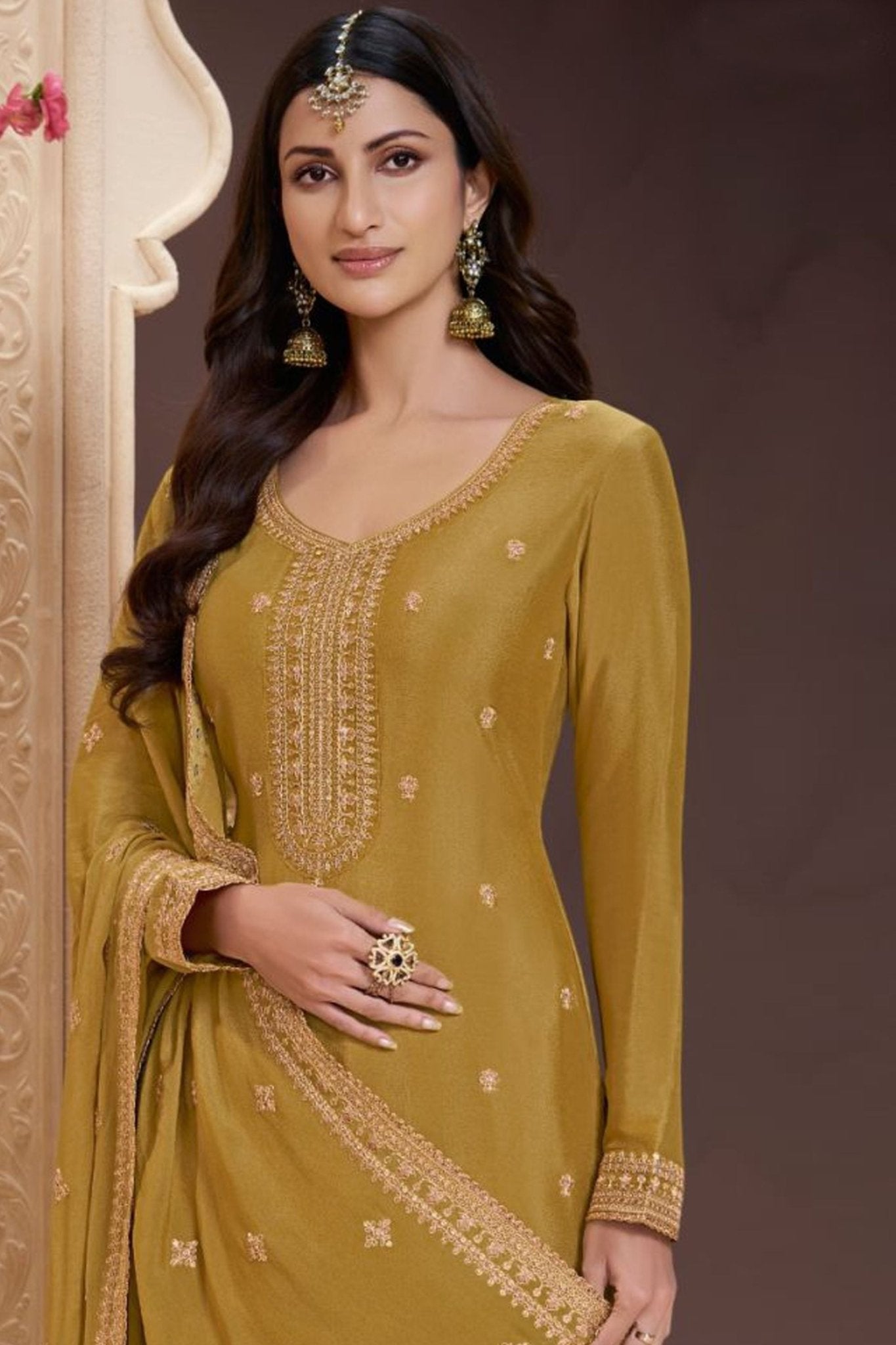 Sterling Mustard Yellow Embroidered Sharara Suit for Women - Mangaldeep NX