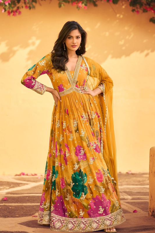 Sterling Mustard Yellow Floral Anarkali Dress with Embroidered Border - Mangaldeep NX