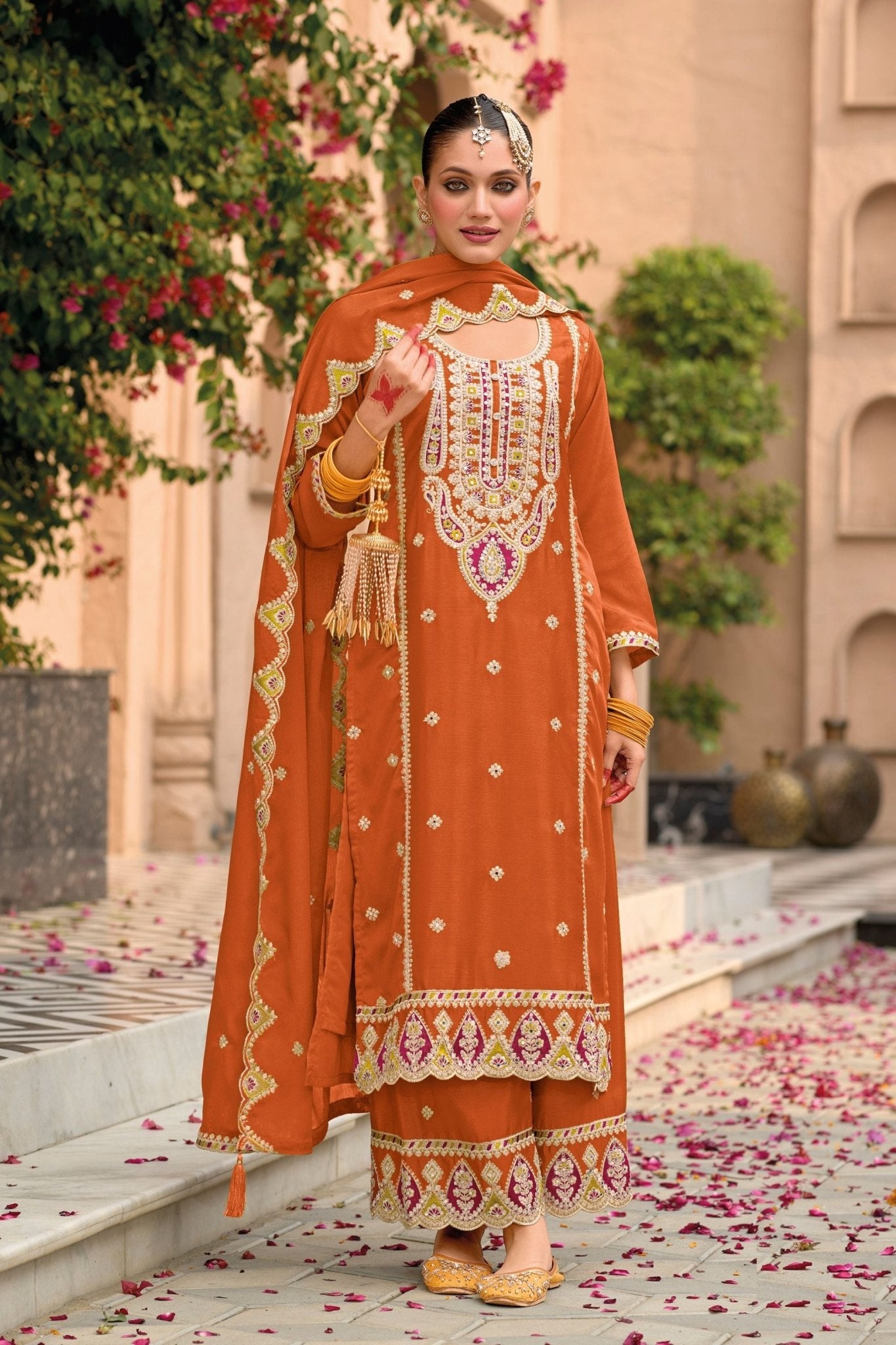 Sterling Orange Salwar Suit in Chinon Silk with Embroidered - Mangaldeep NX