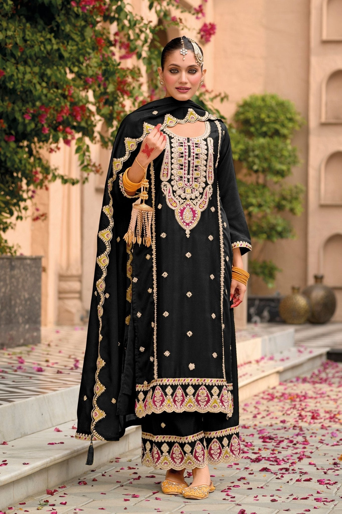 Stunning Black Chinon Silk Salwar Suit for Reception with Mirror Work - Mangaldeep NX