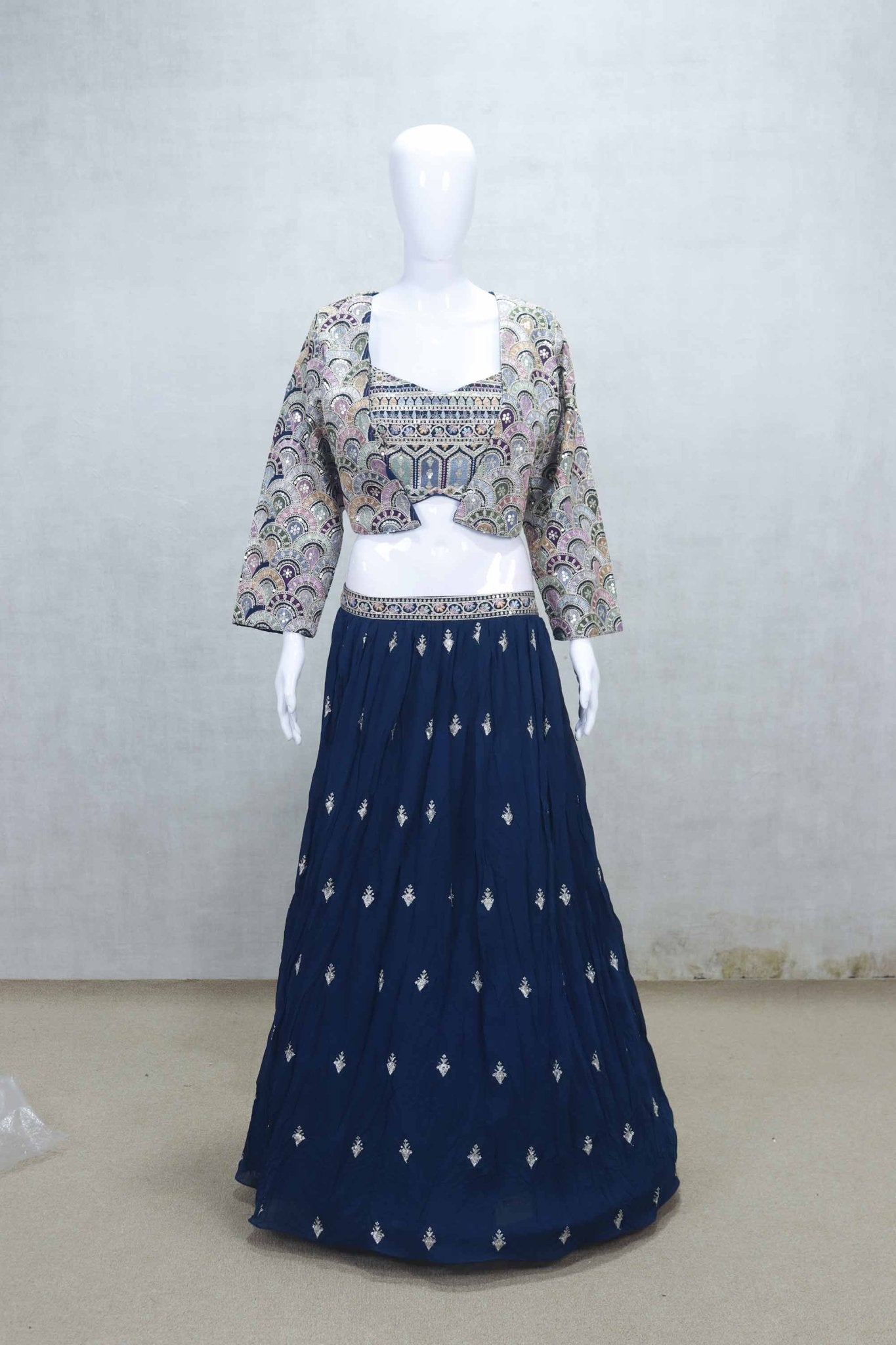 Stunning Navy Blue Lehenga with Embroidered Multicolor Jacket - Mangaldeep NX