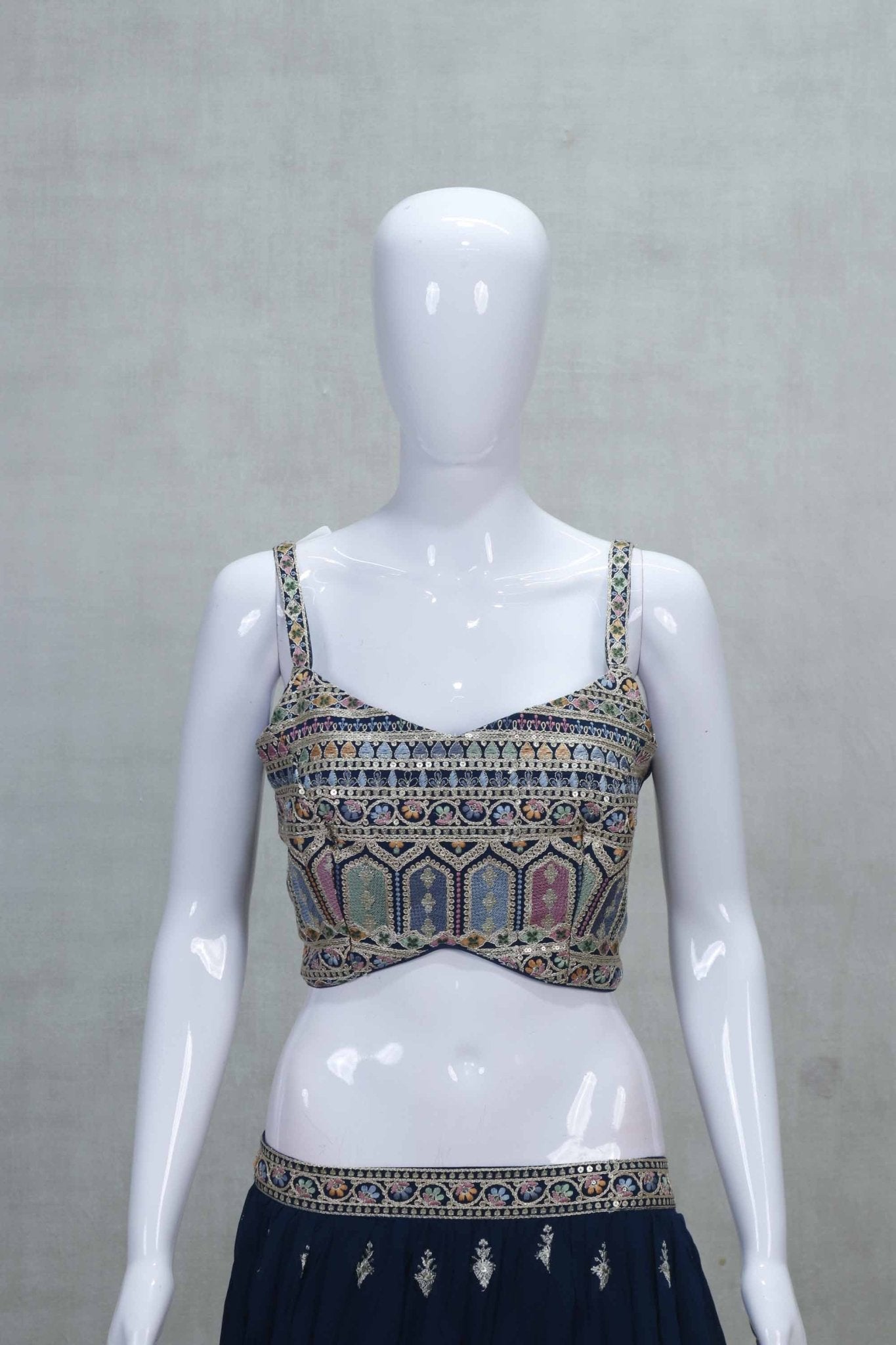 Stunning Navy Blue Lehenga with Embroidered Multicolor Jacket - Mangaldeep NX