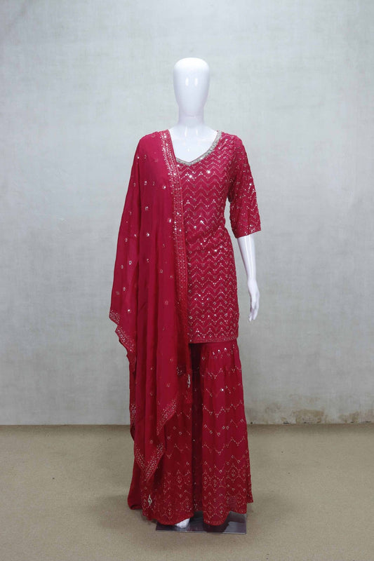 Stunning Red Mirror Work Kurti Style Sharara Set with Dupatta - Mangaldeep NX