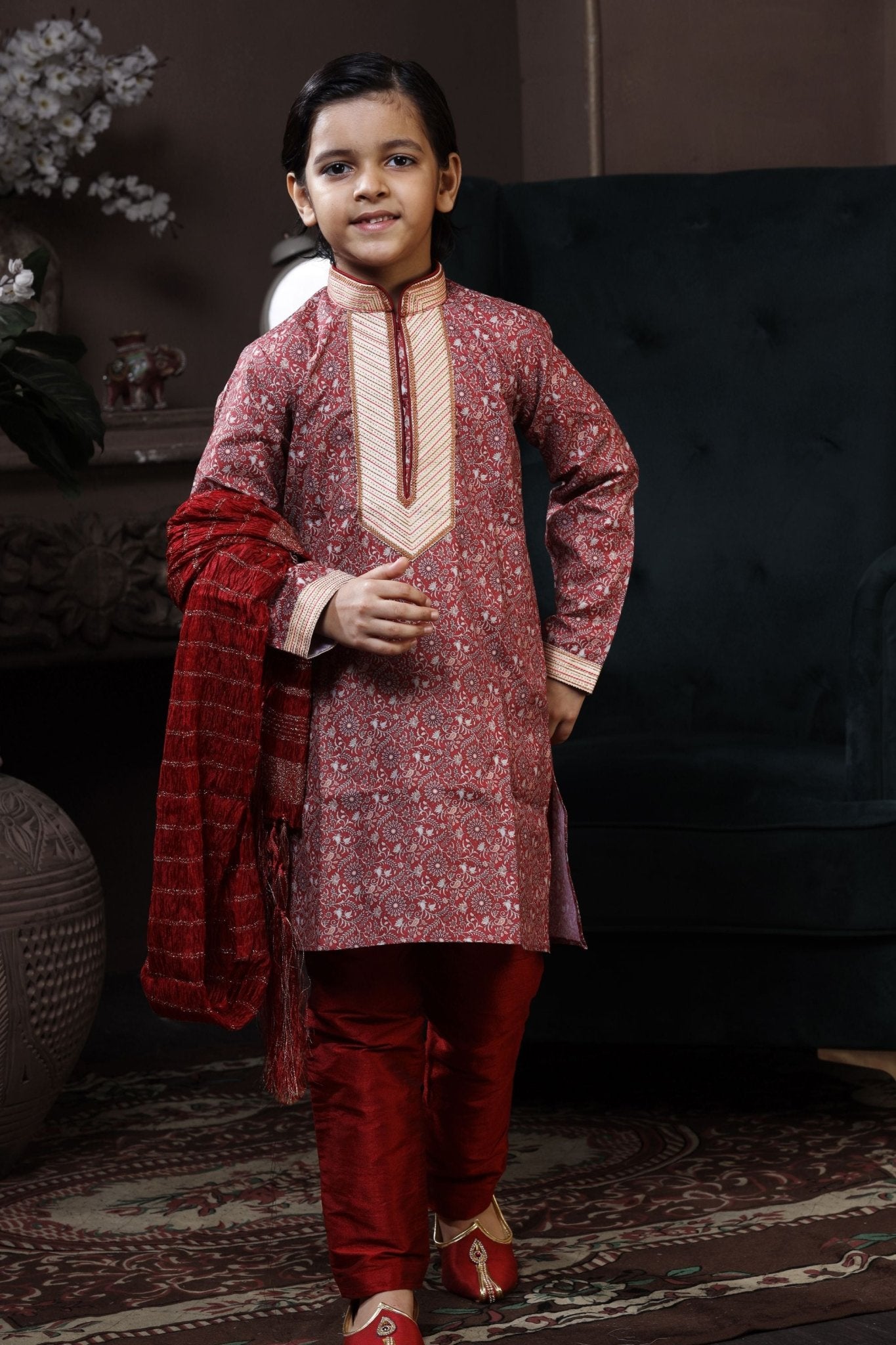 Stunning Red Printed Kurta Pyjama Set for Boys with Embroidered Neckline - Mangaldeep NX