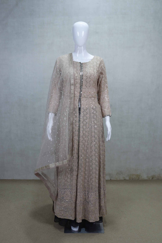 Stylish Beige Embroidered Anarkali Suit with Sequins and Mirror Work Dupatta - Mangaldeep NX