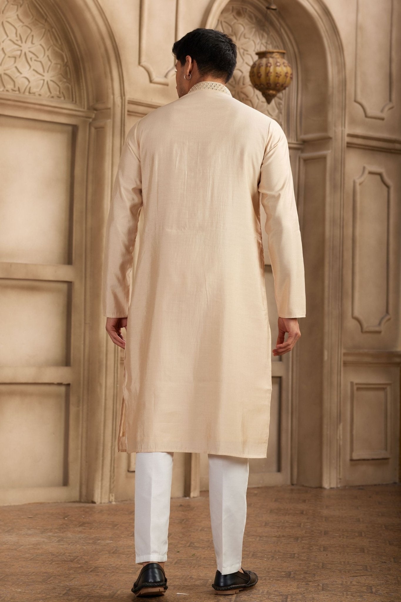 Stylish Beige Silk Kurta Pyjama Set with Mirror Embellished Placket - Mangaldeep NX
