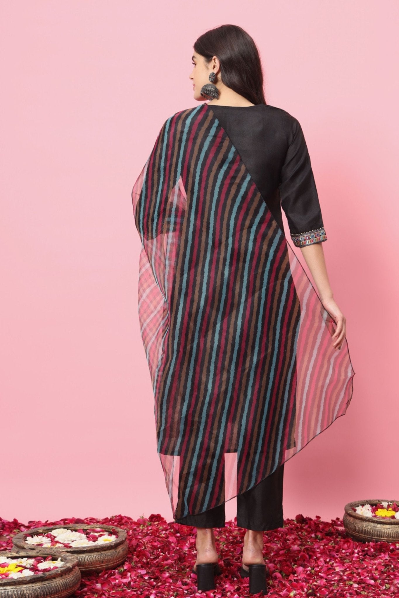 Stylish Black Embroidered Cotton Salwar Suit with Striped Dupatta - Mangaldeep NX