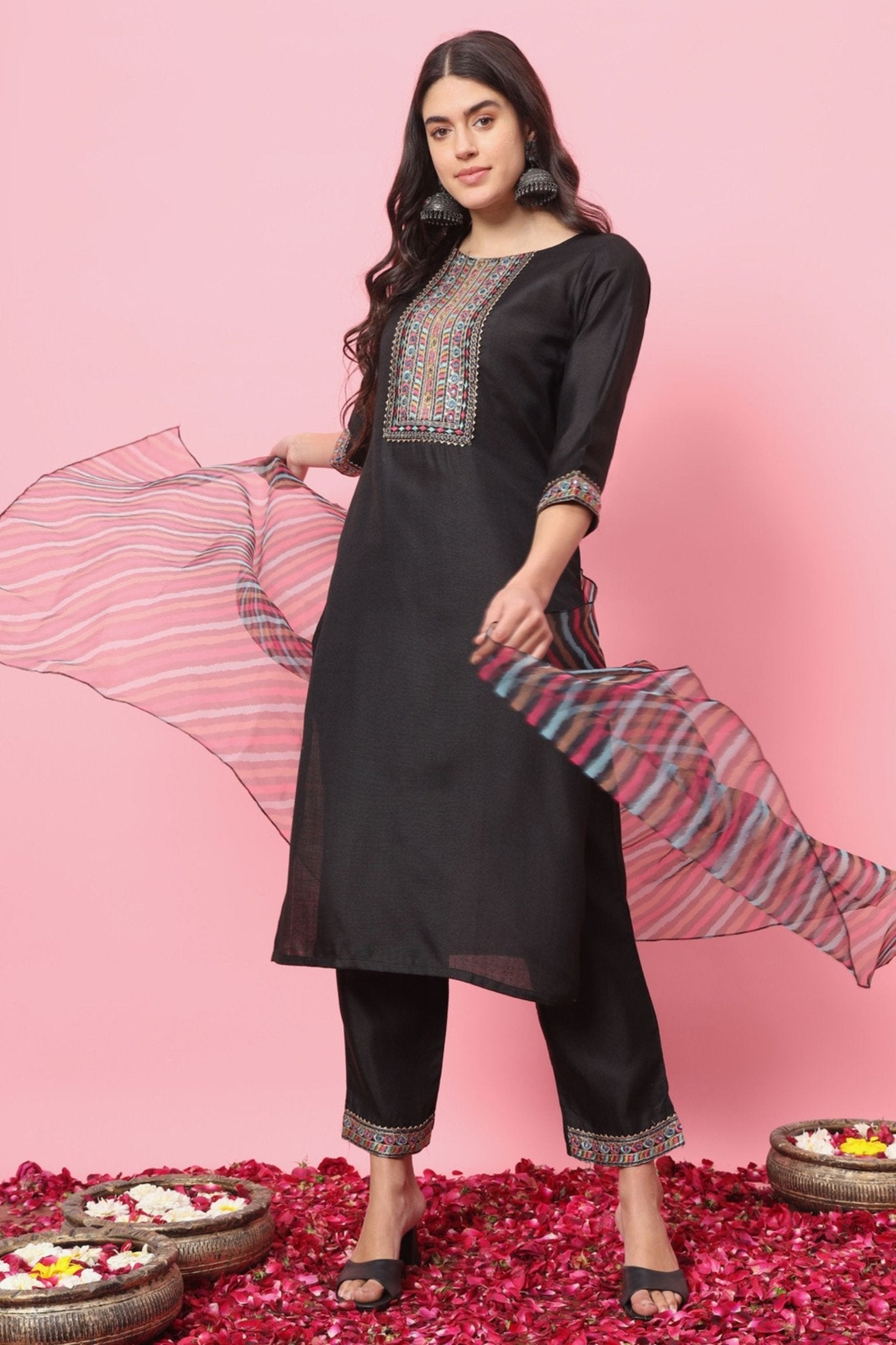Stylish Black Embroidered Cotton Salwar Suit with Striped Dupatta - Mangaldeep NX