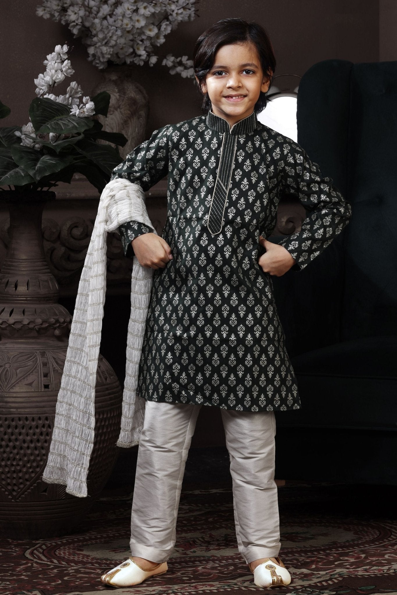 Stylish Black Printed Kurta Pajama for Boys - Mangaldeep NX