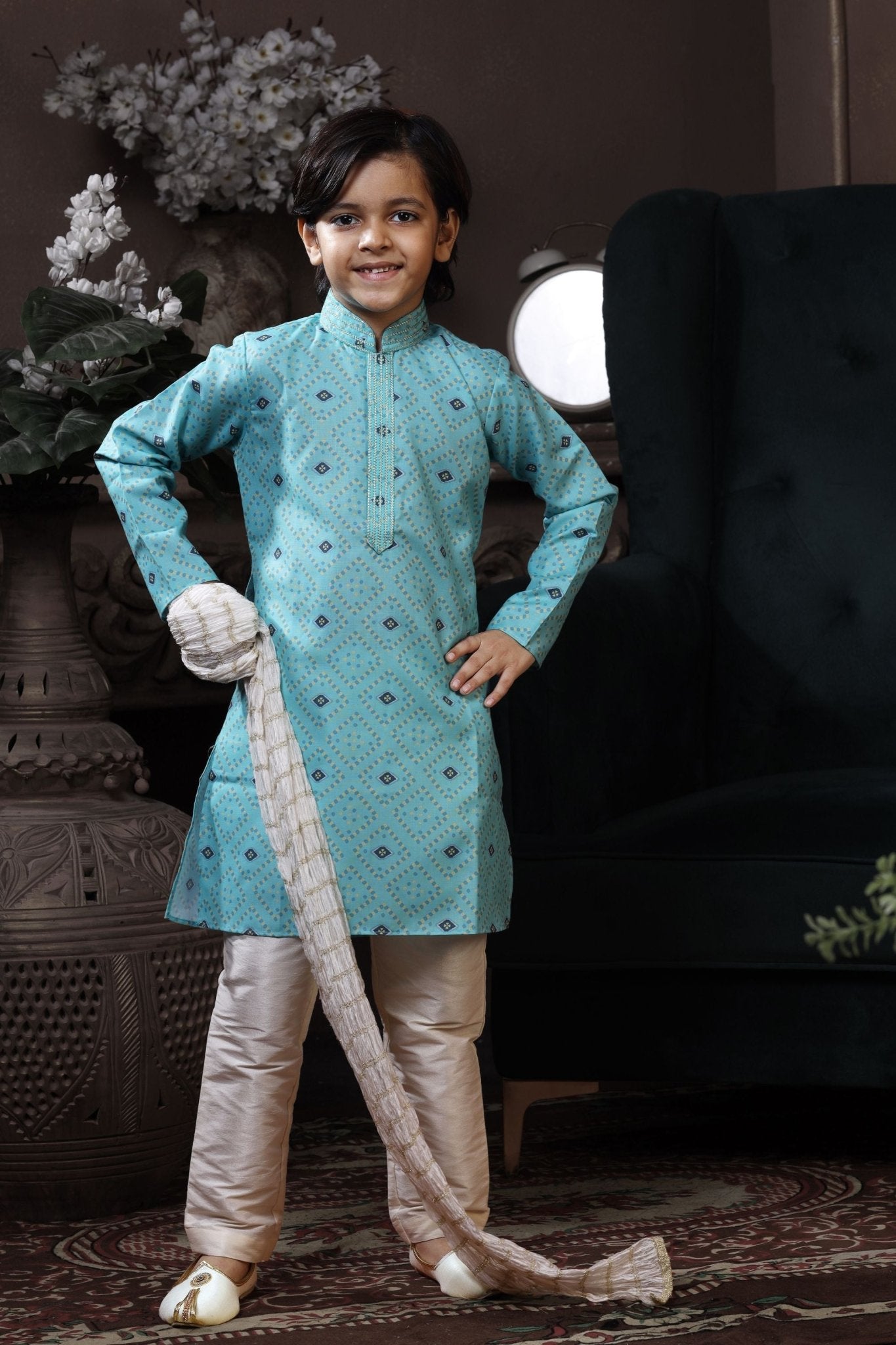 Stylish Boys Sky Blue Printed Kurta with Cream Pyjama and White Dupatta - Mangaldeep NX