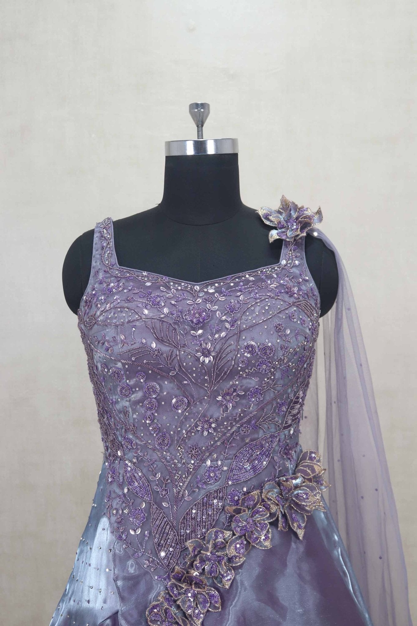 Stylish Lavender Ruffle Layered Net Gown with Sequin Embroidery - Mangaldeep NX