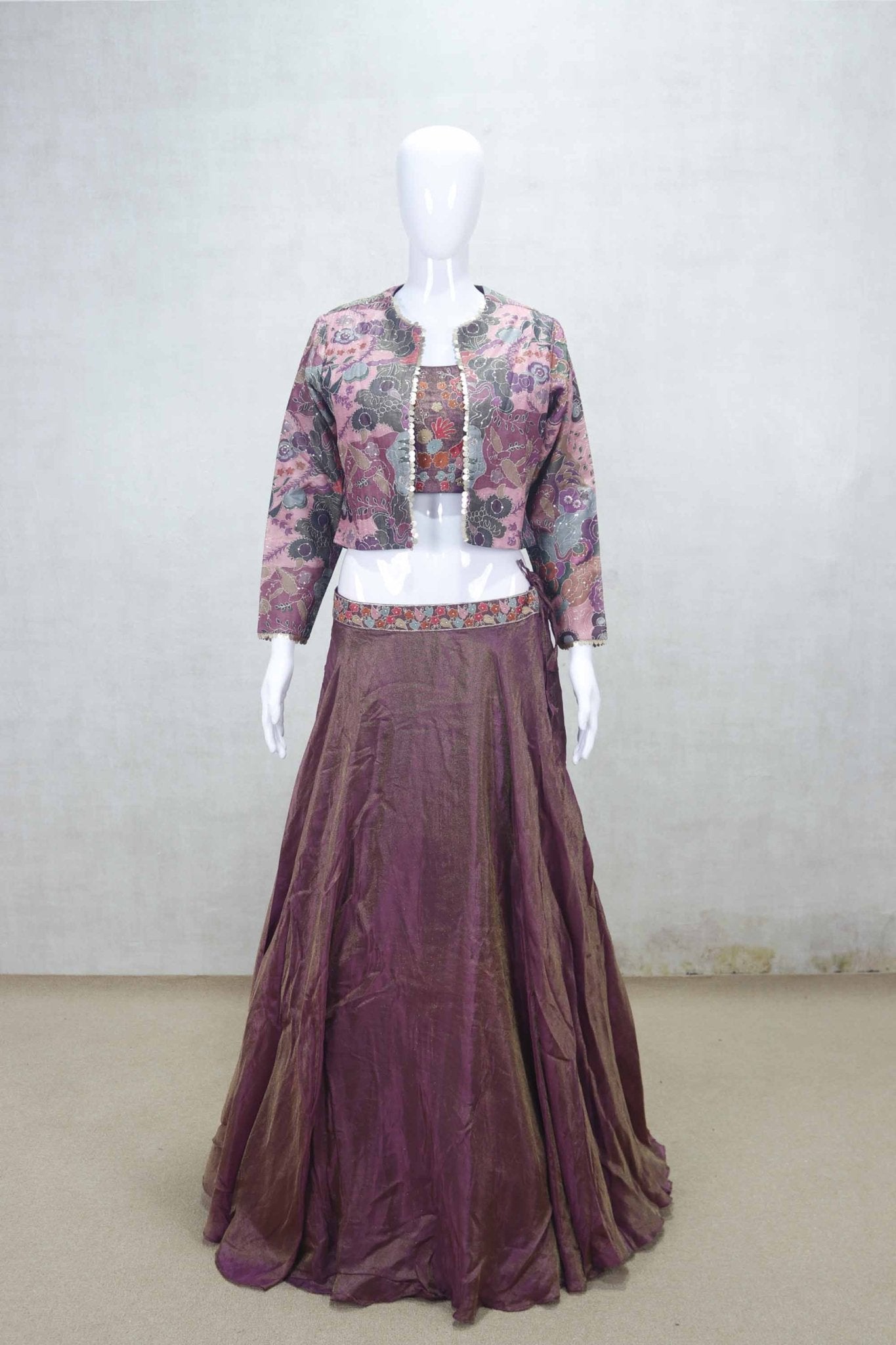 Stylish Mauve and Pink Embroidered Lehenga Choli with Printed Jacket - Mangaldeep NX