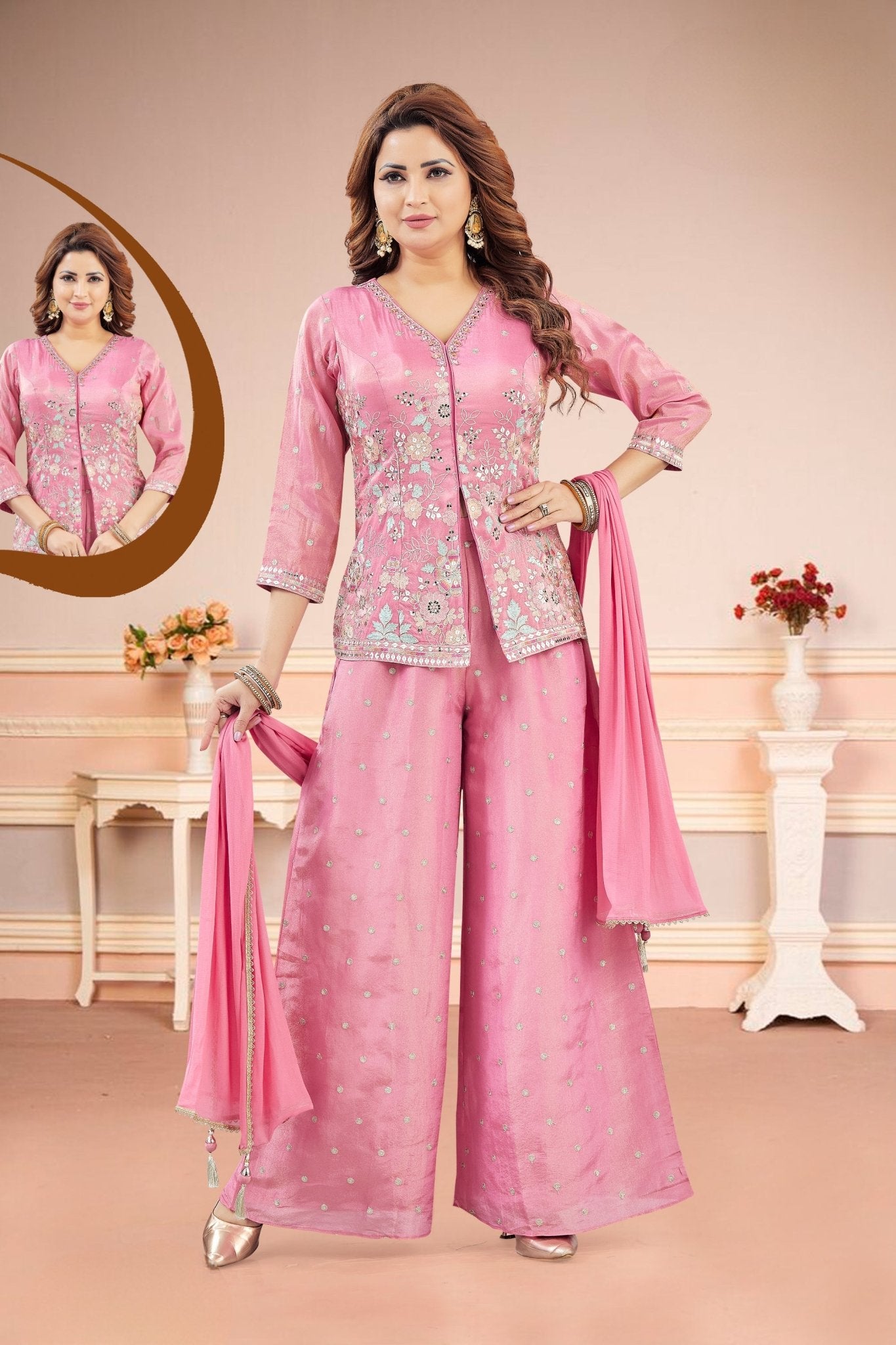 Stylish Party Wear Pink Embroidered Palazzo Suit - Mangaldeep NX