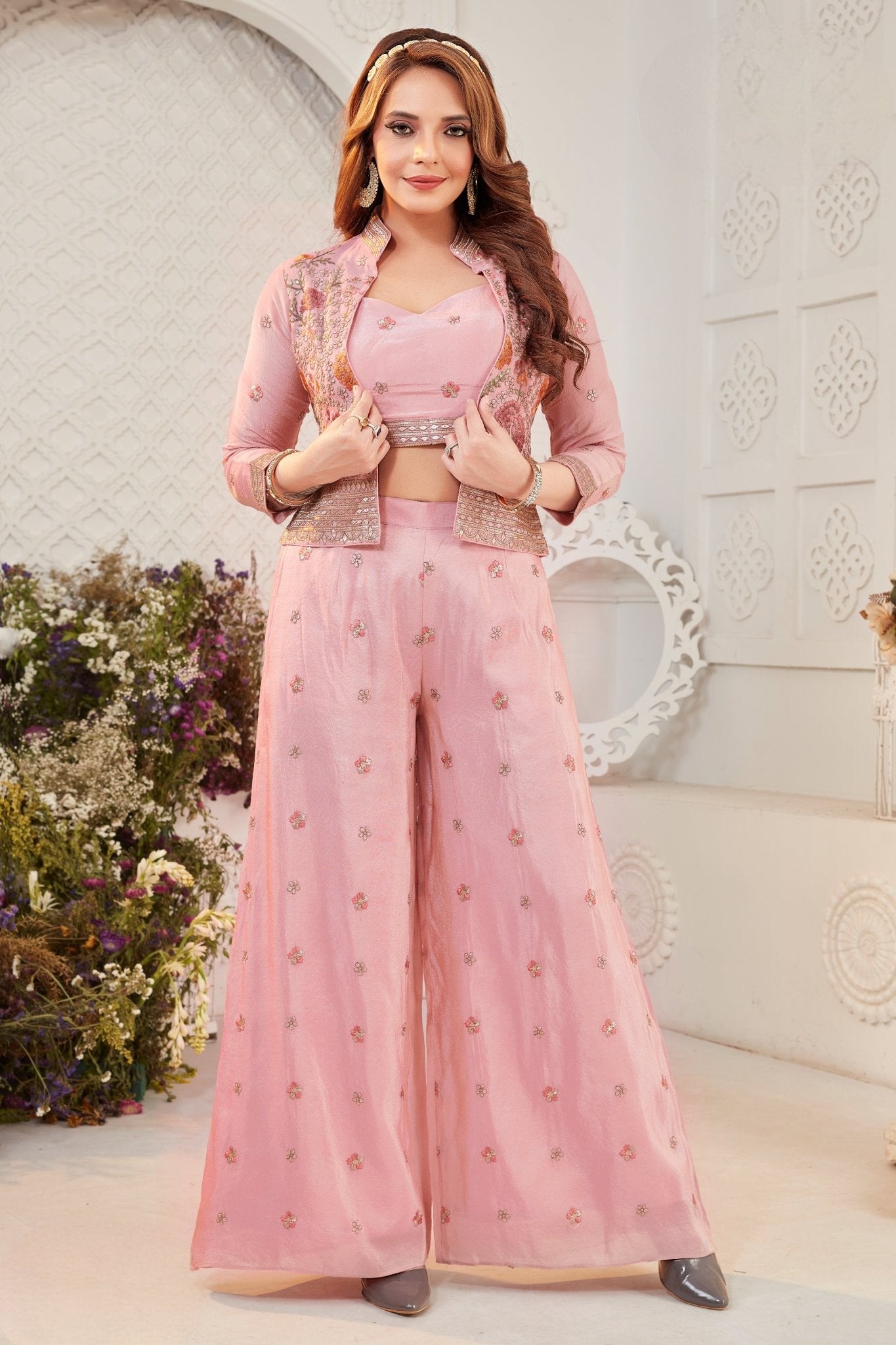 Stylish Pink Embroidered Palazzo Suit with Crop Top & Jacket - Mangaldeep NX