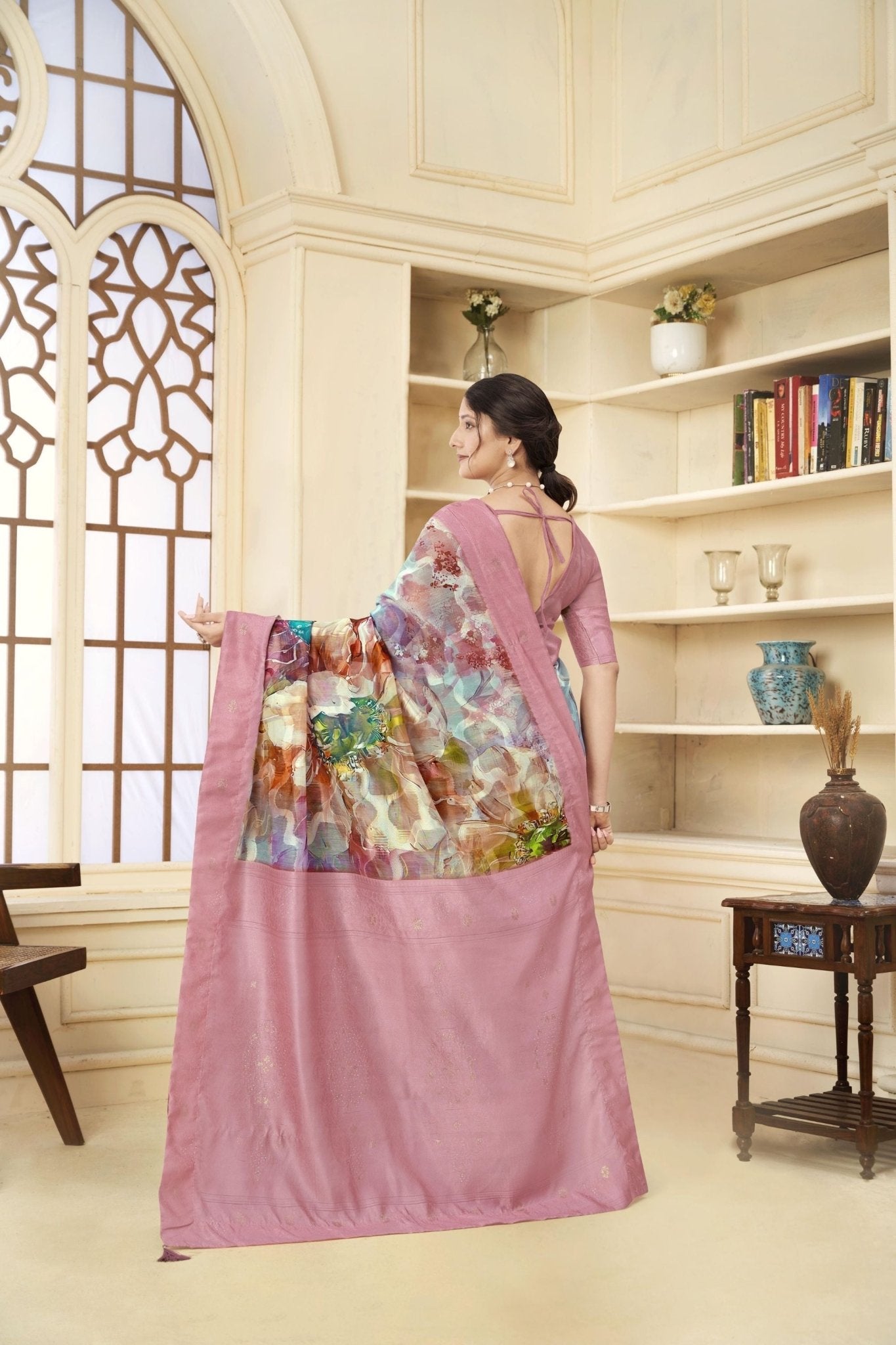 Stylish Pink Linen Silk Saree with Multicolor Abstract Floral Print and Subtle Zari Work - Mangaldeep NX