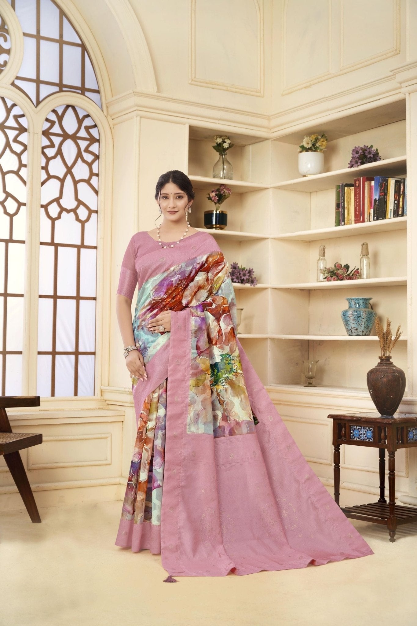 Stylish Pink Linen Silk Saree with Multicolor Abstract Floral Print and Subtle Zari Work - Mangaldeep NX
