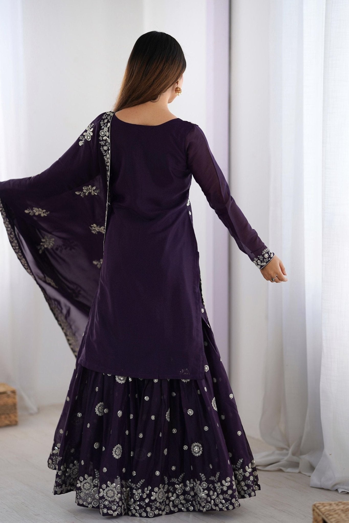 Stylish Purple Party Wear Sharara Suit with Silver Embroidery - Mangaldeep NX
