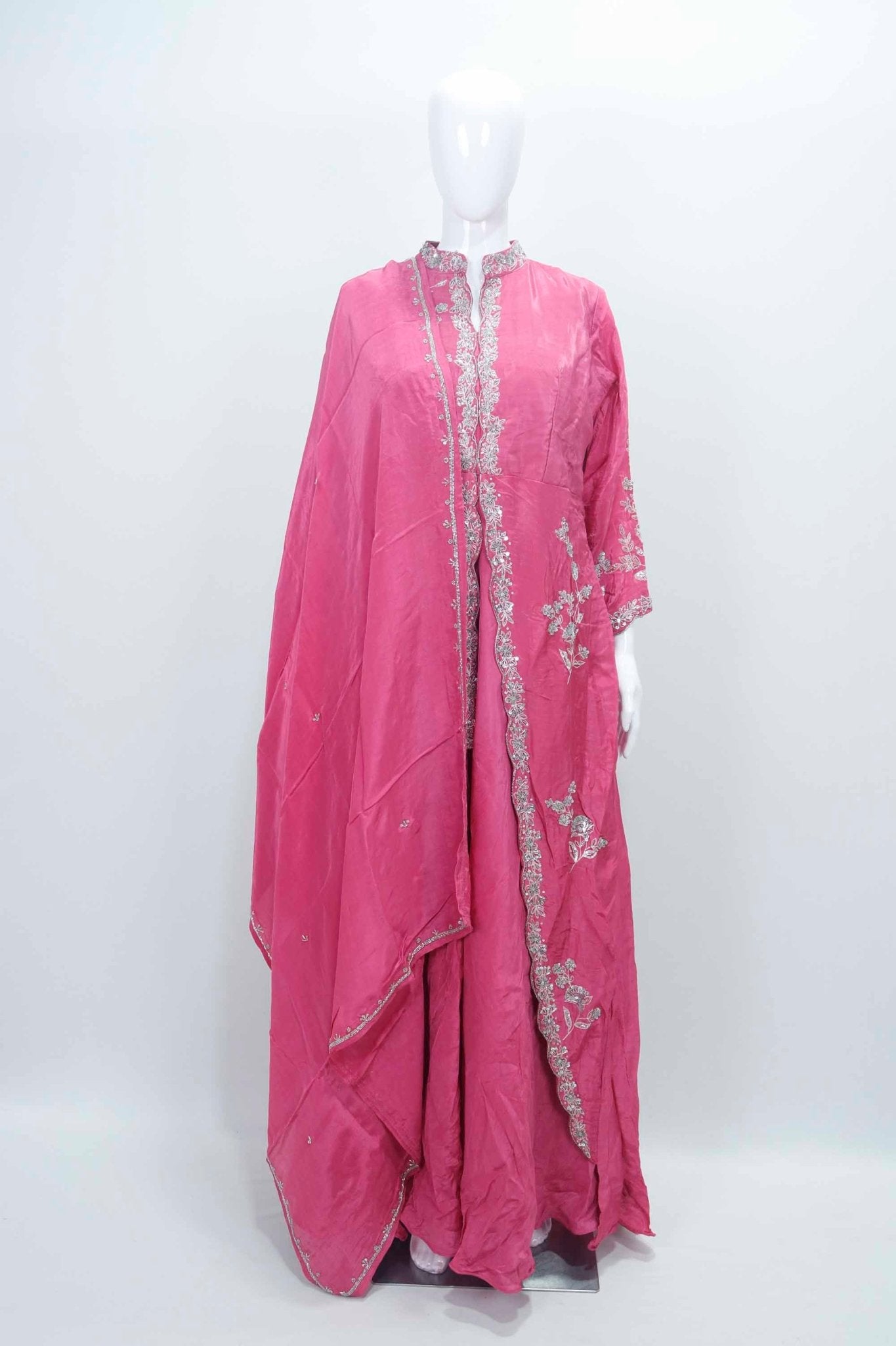 Stylish Rani Pink Embroidered Silk Anarkali Set with Matching Dupatta - Mangaldeep NX