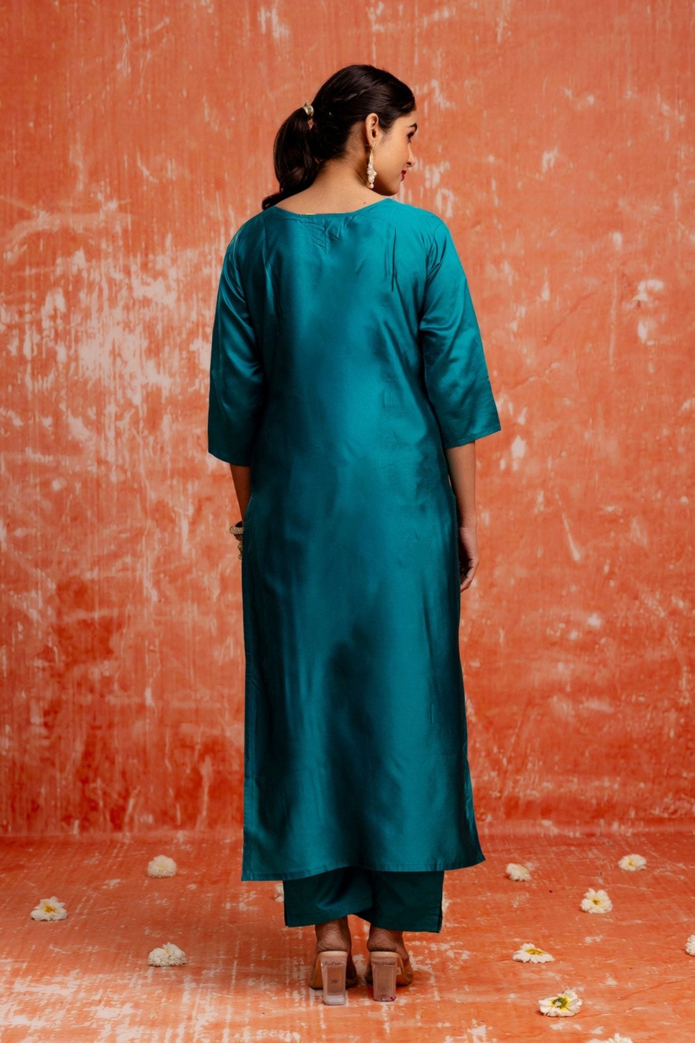 Stylish Teal Blue Cotton Silk Readymade Salwar Suit with Jacquard Work - Mangaldeep NX