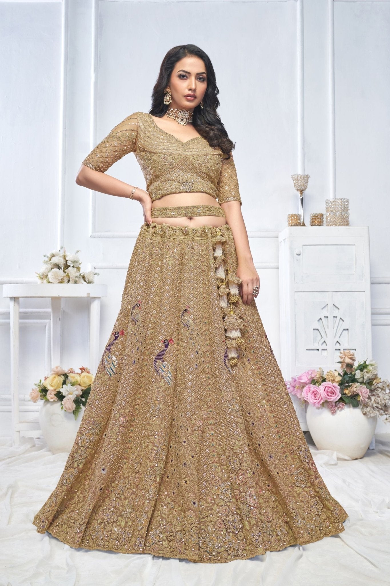 Superb Brown Embroidered Net Lehenga Choli With Dupatta - Mangaldeep NX
