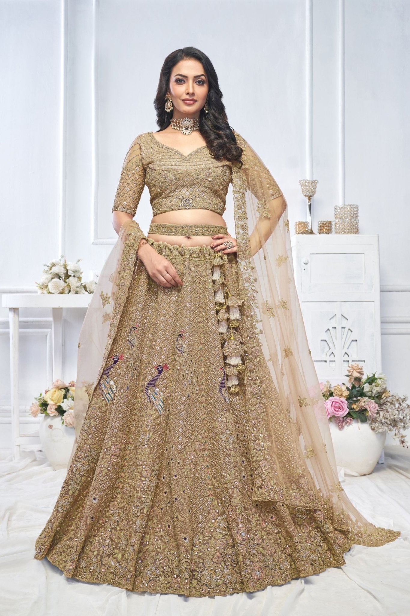Superb Brown Embroidered Net Lehenga Choli With Dupatta - Mangaldeep NX