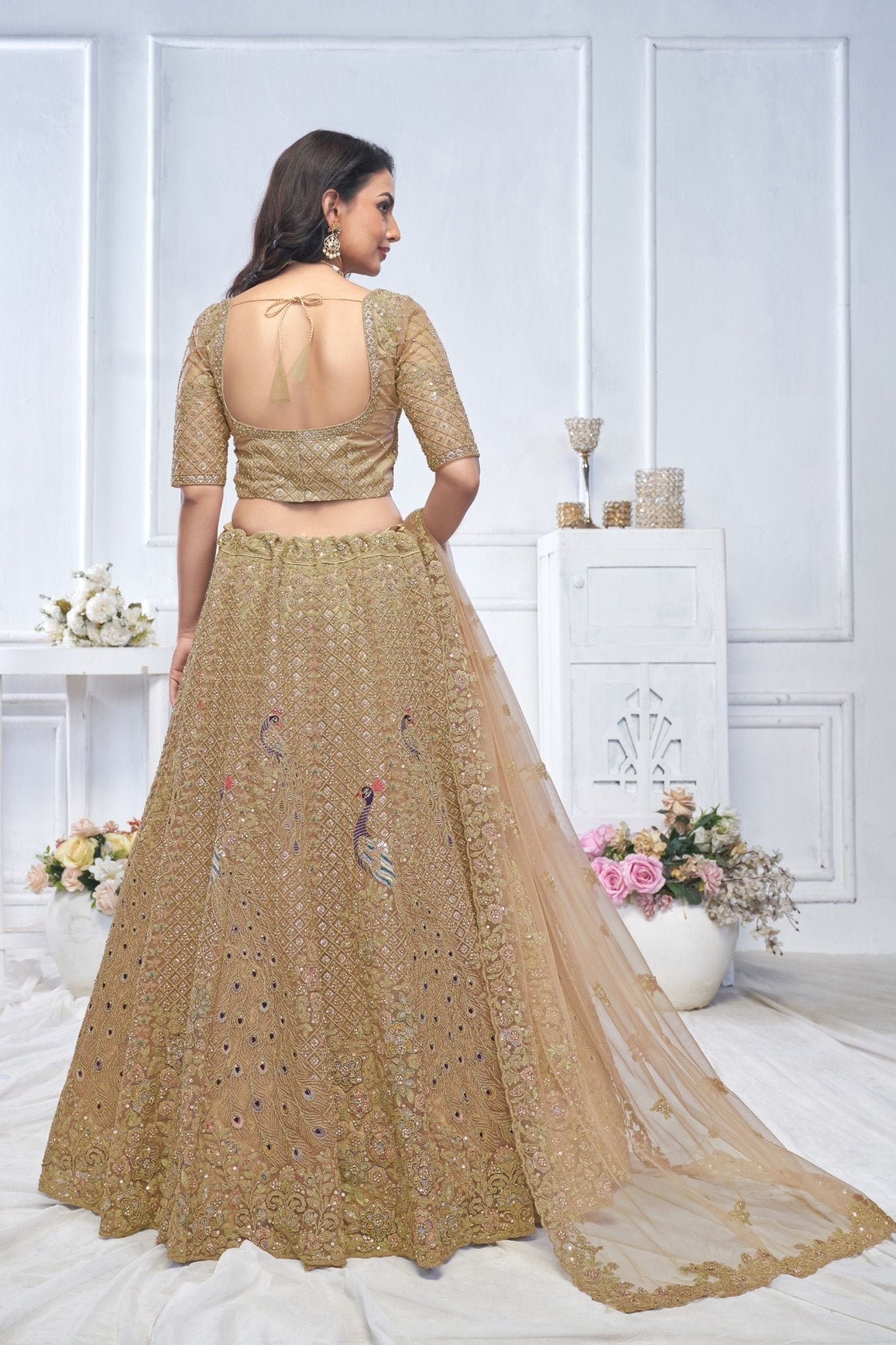 Superb Brown Embroidered Net Lehenga Choli With Dupatta - Mangaldeep NX