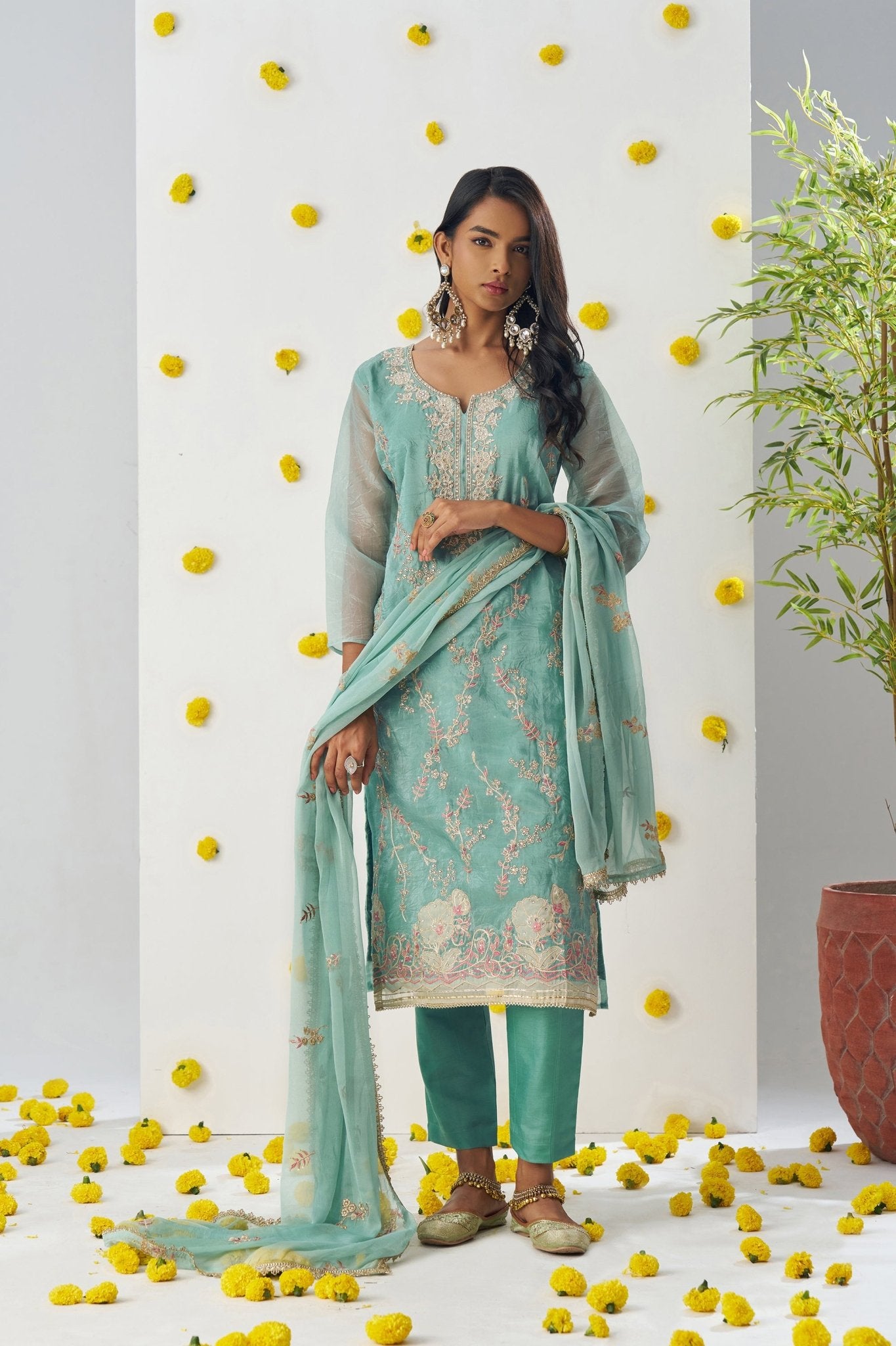 Superb Sea Green Chiffon Embroidered Salwar Suit - Mangaldeep NX